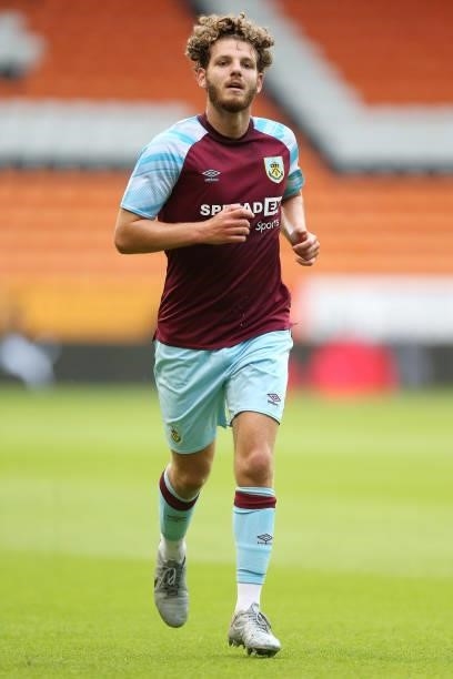 Anthony Gomez of Burnley in action during the Pre-Season Friendly match between Blackpool and Burnley at Bloomfield Road on July 27, 2021 in...