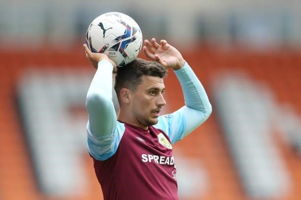 Matt Lowton of Burnley prepares to take a throw in during the Pre-Season Friendly match between Blackpool and Burnley at Bloomfield Road on July 27,...