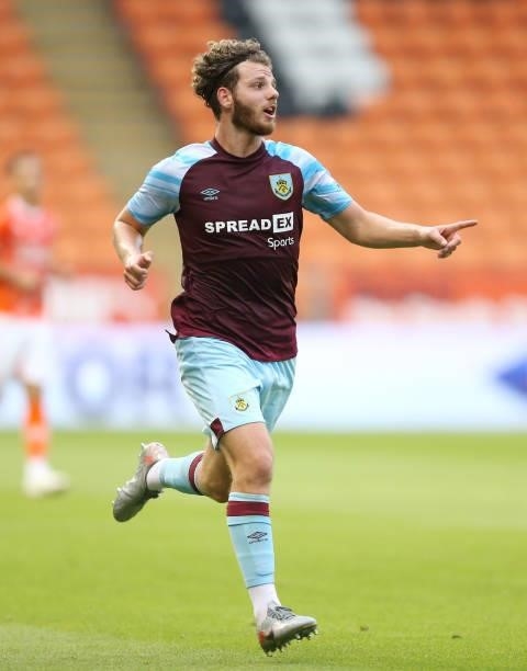 Anthony Gomez of Burnley reacts during the Pre-Season Friendly match between Blackpool and Burnley at Bloomfield Road on July 27, 2021 in Blackpool,...