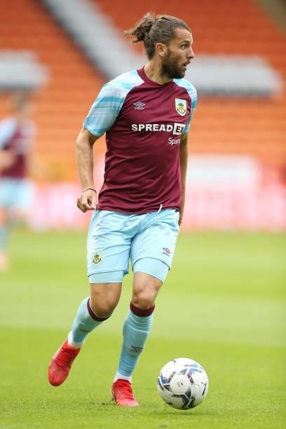 Jay Rodriguez of Burnley runs with the ball during the Pre-Season Friendly match between Blackpool and Burnley at Bloomfield Road on July 27, 2021 in...
