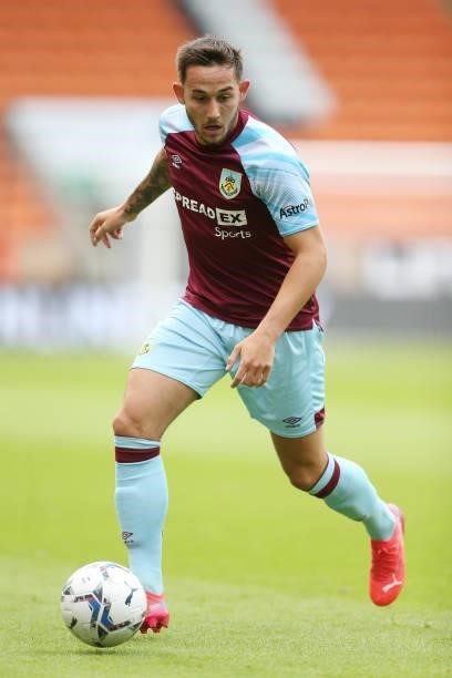 Josh Brownhill of Burnley runs with the ball during the Pre-Season Friendly match between Blackpool and Burnley at Bloomfield Road on July 27, 2021...