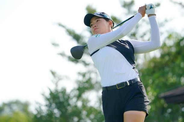 Hinako Shibuno of Japan hits her tee shot on the 1st hole during the Pro-Am ahead of Rakuten Super Ladies at Tokyu Grand Oak Golf Club on July 28,...