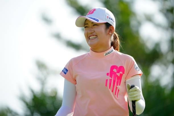 Mone Inami of Japan smiles on the 1st tee during the Pro-Am ahead of Rakuten Super Ladies at Tokyu Grand Oak Golf Club on July 28, 2021 in Kato,...