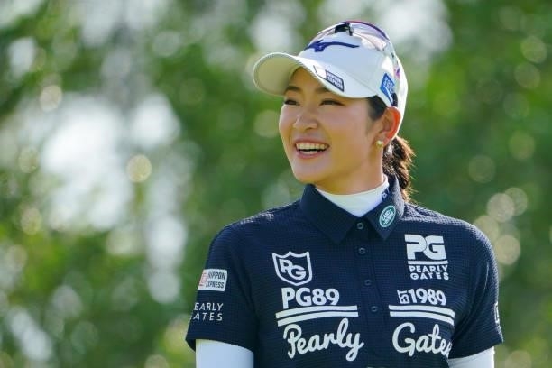 Erika Hara of Japan smiles on the 1st tee during the Pro-Am ahead of Rakuten Super Ladies at Tokyu Grand Oak Golf Club on July 28, 2021 in Kato,...