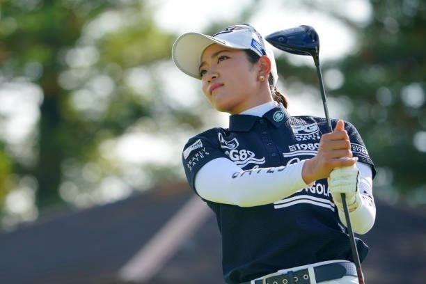Erika Hara of Japan hits her tee shot on the 1st hole during the Pro-Am ahead of Rakuten Super Ladies at Tokyu Grand Oak Golf Club on July 28, 2021...
