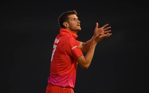 David Payne of Welsh Fire catches the ball during The Hundred match between Welsh Fire and Southern Brave at Sophia Gardens on July 27, 2021 in...