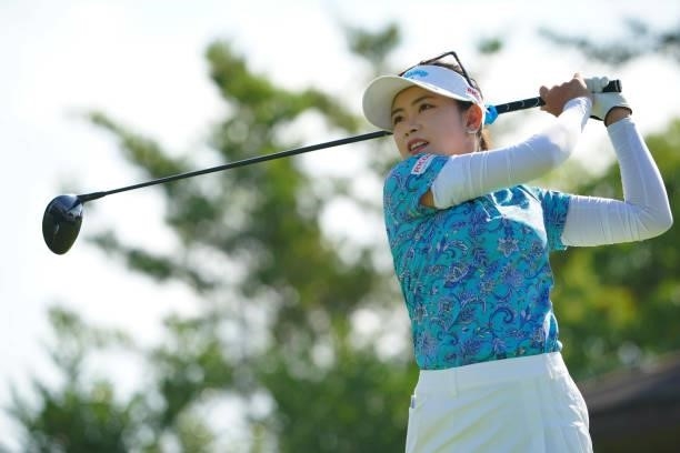 Yui Kawamoto of Japan hits her tee shot on the 1st hole during the Pro-Am ahead of Rakuten Super Ladies at Tokyu Grand Oak Golf Club on July 28, 2021...
