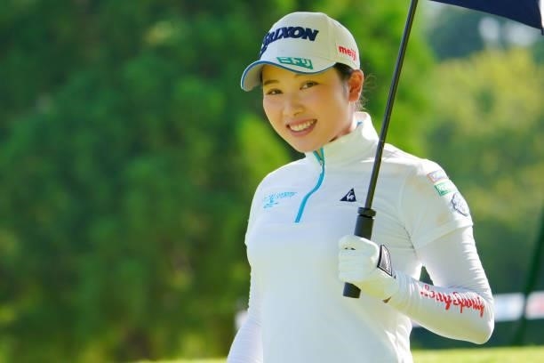 Sakura Koiwai of Japan smiles on the 1st hole during the Pro-Am ahead of Rakuten Super Ladies at Tokyu Grand Oak Golf Club on July 28, 2021 in Kato,...