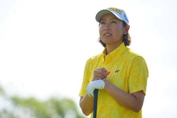 Maiko Wakabayashi of Japan is seen on the 1st tee during the Pro-Am ahead of Rakuten Super Ladies at Tokyu Grand Oak Golf Club on July 28, 2021 in...