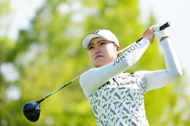 Sayaka Takahashi of Japan hits her tee shot on the 10th hole during the Pro-Am ahead of Rakuten Super Ladies at Tokyu Grand Oak Golf Club on July 28,...