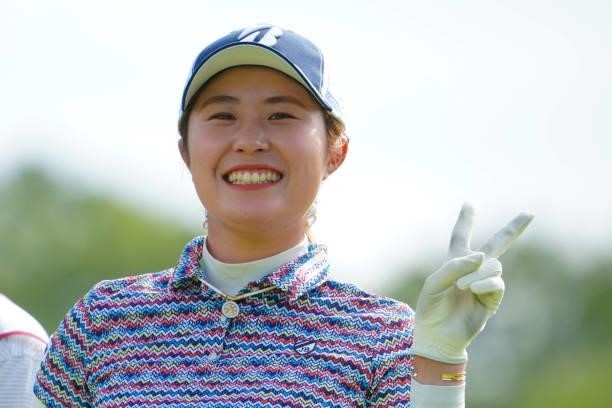 Momoko Osato of Japan poses on the 1st hole during the Pro-Am ahead of Rakuten Super Ladies at Tokyu Grand Oak Golf Club on July 28, 2021 in Kato,...