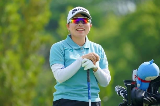 Minami Katsu of Japan smiles on the 1st tee during the Pro-Am ahead of Rakuten Super Ladies at Tokyu Grand Oak Golf Club on July 28, 2021 in Kato,...
