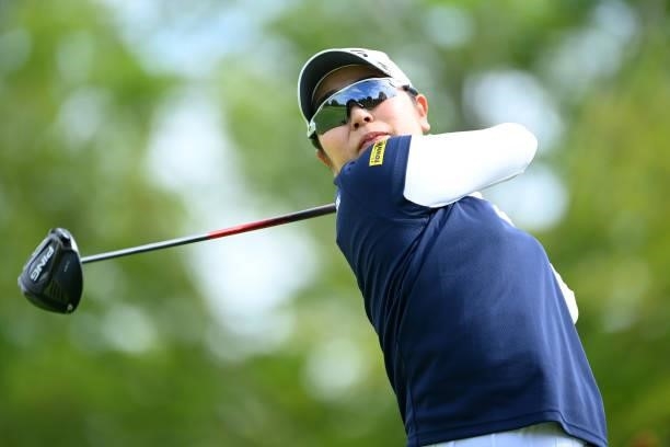 Mamiko Higa of Japan hits her tee shot on the 10th hole during the Pro-Am ahead of Rakuten Super Ladies at Tokyu Grand Oak Golf Club on July 28, 2021...