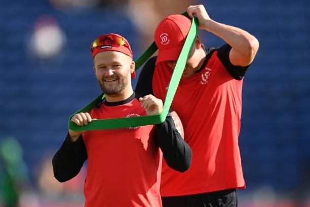 Ben Duckett and Jake Ball of Welsh Fire warm up before The Hundred match between Welsh Fire and Southern Brave at Sophia Gardens on July 27, 2021 in...