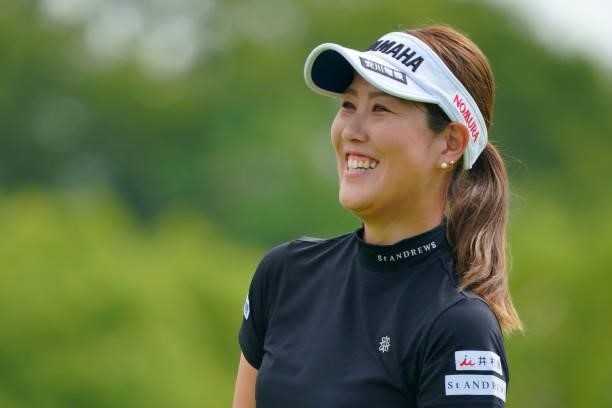 Mami Fukuda of Japan smiles on the 1st tee during the Pro-Am ahead of Rakuten Super Ladies at Tokyu Grand Oak Golf Club on July 28, 2021 in Kato,...