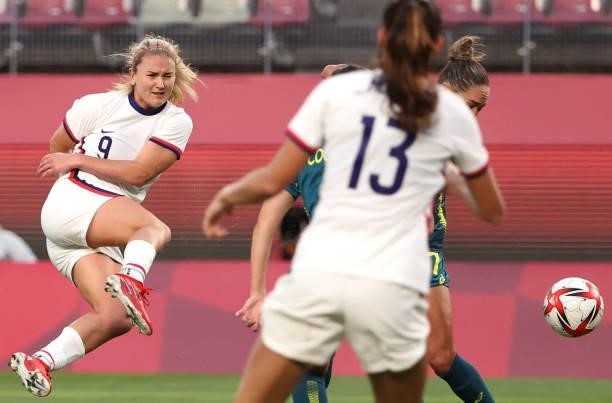Lindsey Horan of Team United States takes Australia shot against Australia during the Women's Group E match on day four of the Tokyo 2020 Olympic...