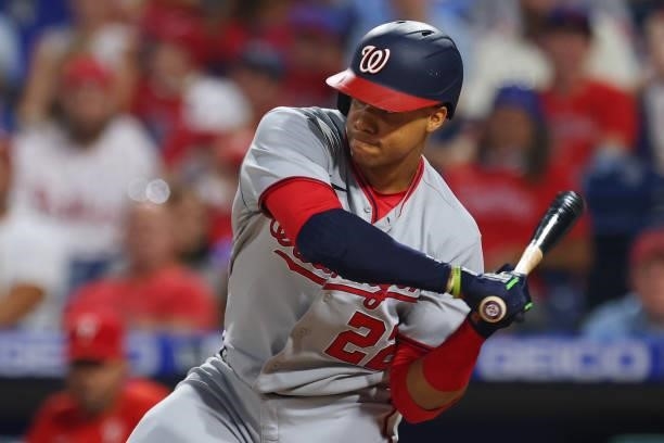 Juan Soto of the Washington Nationals in action against the Philadelphia Phillies at Citizens Bank Park on July 26, 2021 in Philadelphia,...