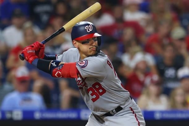 Tres Barrera of the Washington Nationals in action against the Philadelphia Phillies at Citizens Bank Park on July 26, 2021 in Philadelphia,...