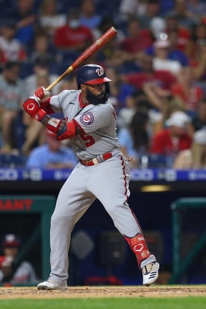 Josh Harrison of the Washington Nationals in action against the Philadelphia Phillies at Citizens Bank Park on July 26, 2021 in Philadelphia,...