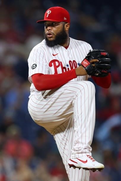 Jose Alvarado of the Philadelphia Phillies in action against the Washington Nationals at Citizens Bank Park on July 26, 2021 in Philadelphia,...
