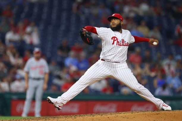Jose Alvarado of the Philadelphia Phillies in action against the Washington Nationals at Citizens Bank Park on July 26, 2021 in Philadelphia,...