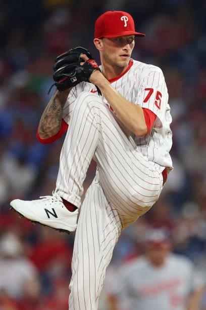 Connor Brogdon of the Philadelphia Phillies in action against the Washington Nationals at Citizens Bank Park on July 26, 2021 in Philadelphia,...