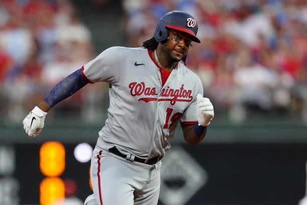 Josh Bell of the Washington Nationals in action against the Philadelphia Phillies at Citizens Bank Park on July 26, 2021 in Philadelphia,...
