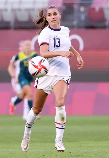 Alex Morgan of Team United States plays against Australia during the Women's Group G match on day four of the Tokyo 2020 Olympic Games at Kashima...