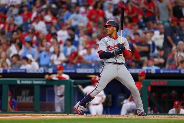 Juan Soto of the Washington Nationals in action against the Philadelphia Phillies at Citizens Bank Park on July 26, 2021 in Philadelphia,...