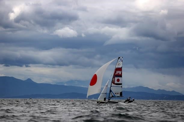 Anna Yamazaki and Sena Takano of Team Japan compete during the Women's Skiff - 49er FX class race on day four of the Tokyo 2020 Olympic Games at...