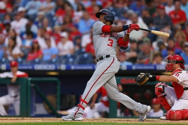 Alcides Escobar of the Washington Nationals in action against the Philadelphia Phillies at Citizens Bank Park on July 26, 2021 in Philadelphia,...