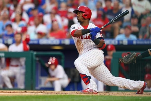 Jean Segura of the Philadelphia Phillies in action against the Washington Nationals at Citizens Bank Park on July 26, 2021 in Philadelphia,...