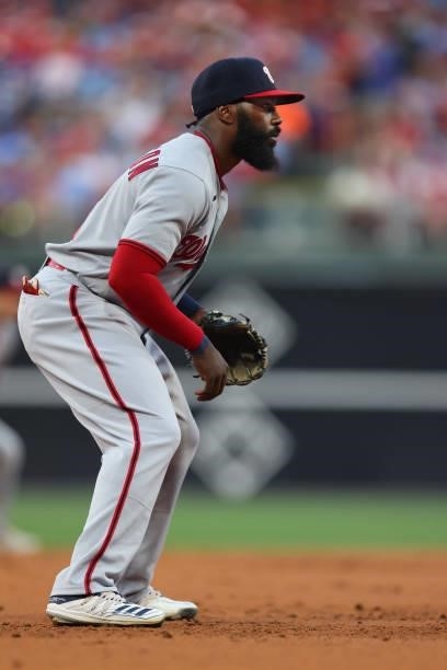 Josh Harrison of the Washington Nationals in action against the Philadelphia Phillies at Citizens Bank Park on July 26, 2021 in Philadelphia,...