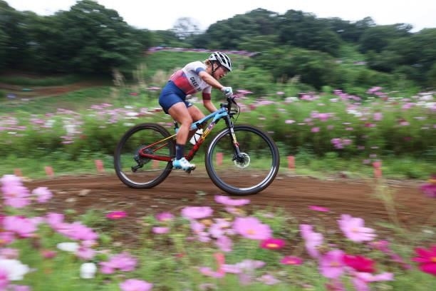 Evie Richards of Team Great Britain rides during the Women's Cross-country race on day four of the Tokyo 2020 Olympic Games at Izu Mountain Bike...