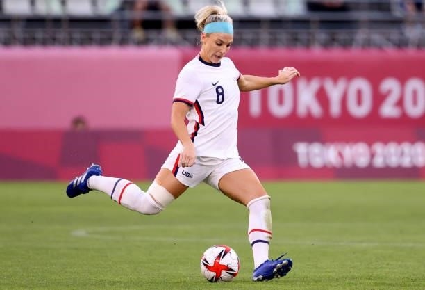 Julie Ertz of Team United States prepares to kick against Australia during the Women's Group G match on day four of the Tokyo 2020 Olympic Games at...
