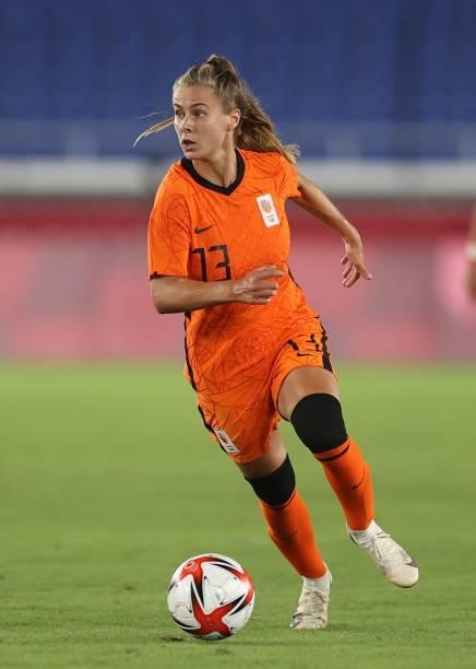 Victoria Pelova#13 of Team Netherland in action on day four of the Tokyo 2020 Olympic Games at International Stadium Yokohama on July 27, 2021 in...