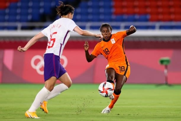 Beerensteyn Lineth of Netherland shots the ball in the Women's First Round match during the Tokyo 2020 Olympic Games between Netherland and China at...