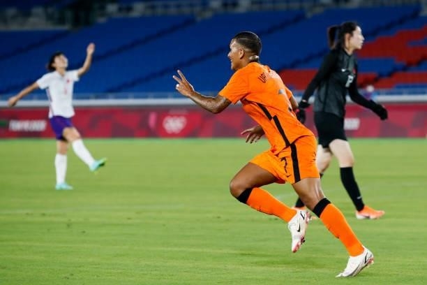 Van De Sanden Shanice of Netherland celebrates her scoring in the Women's First Round match during the Tokyo 2020 Olympic Games between Netherland...