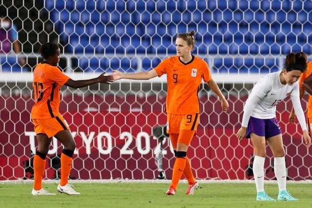 Miedema Vivianne of Netherland celebrates her scoring in the Women's First Round match during the Tokyo 2020 Olympic Games between Netherland and...