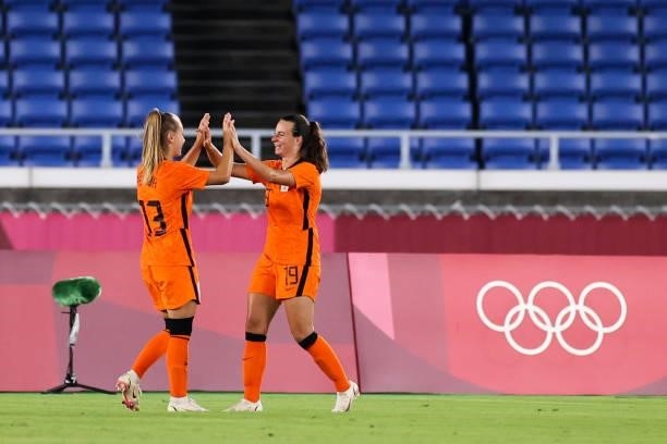 Pelova Victoria of Netherland celebrates her scoring in the Women's First Round match during the Tokyo 2020 Olympic Games between Netherland and...