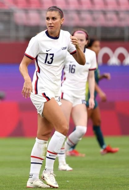 Alex Morgan of Team United States looks on while playing against Australia during the Women's Group G match on day four of the Tokyo 2020 Olympic...