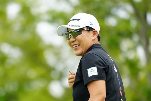 Jiyai Shin of South Korea smiles on the 10th tee during the Pro-Am ahead of Rakuten Super Ladies at Tokyu Grand Oak Golf Club on July 28, 2021 in...