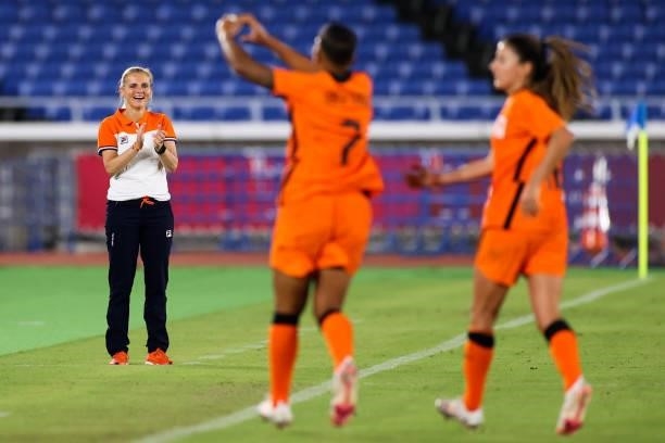 Wiegman Sarina head coach of Netherland celebrates the goal in the Women's First Round match during the Tokyo 2020 Olympic Games between Netherland...