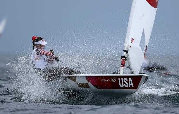 Paige Railey of Team United States in action during a Laser Radial class race on day four of the Tokyo 2020 Olympic Games at Enoshima Yacht Harbour...