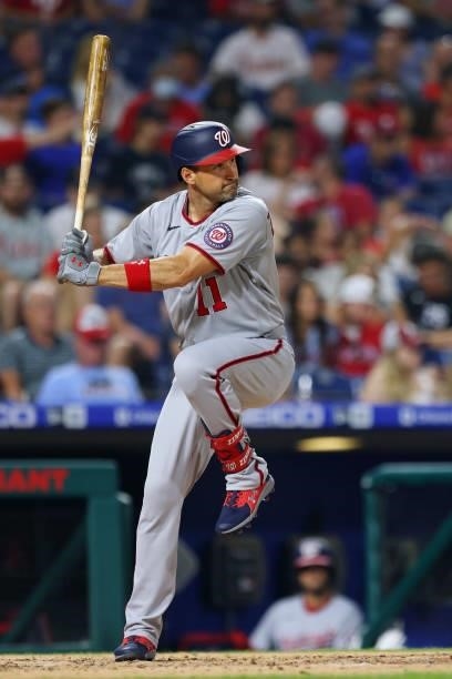 Ryan Zimmerman of the Washington Nationals in action against the Philadelphia Phillies at Citizens Bank Park on July 26, 2021 in Philadelphia,...