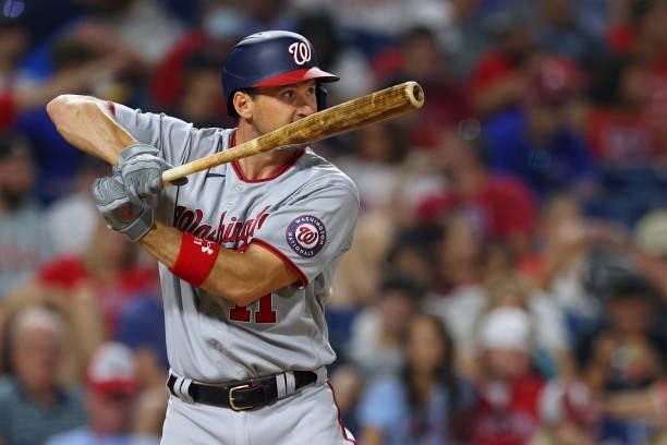 Ryan Zimmerman of the Washington Nationals in action against the Philadelphia Phillies at Citizens Bank Park on July 26, 2021 in Philadelphia,...