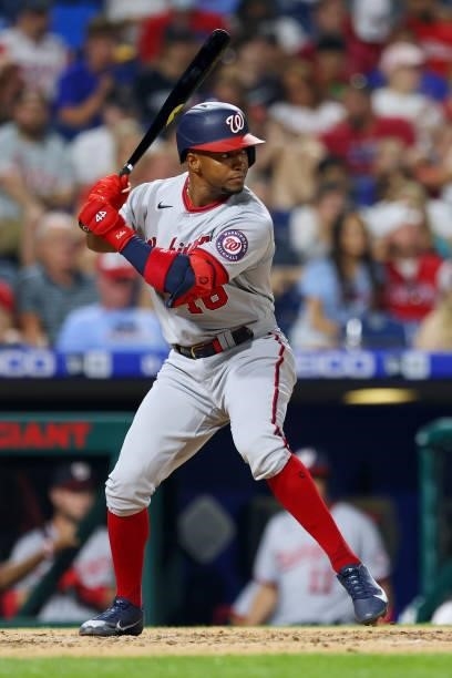 Victor Robles of the Washington Nationals in action against the Philadelphia Phillies at Citizens Bank Park on July 26, 2021 in Philadelphia,...