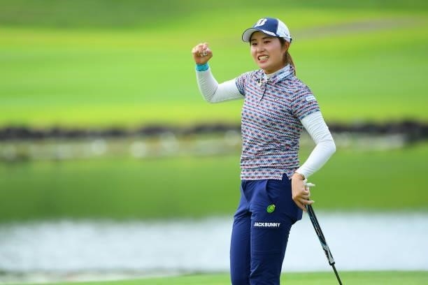 Momoko Osato of Japan reacts on the 9th green during the Pro-Am ahead of Rakuten Super Ladies at Tokyu Grand Oak Golf Club on July 28, 2021 in Kato,...