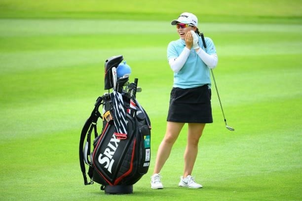 Minami Katsu of Japan smiles on the 9th hole during the Pro-Am ahead of Rakuten Super Ladies at Tokyu Grand Oak Golf Club on July 28, 2021 in Kato,...
