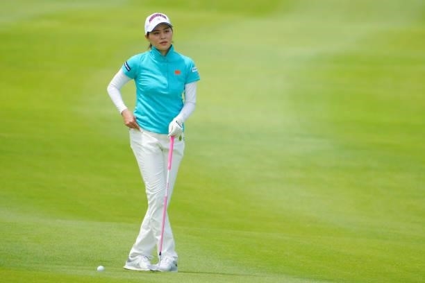 Hina Arakaki of Japan is seen before her third shot on the 9th hole during the Pro-Am ahead of Rakuten Super Ladies at Tokyu Grand Oak Golf Club on...